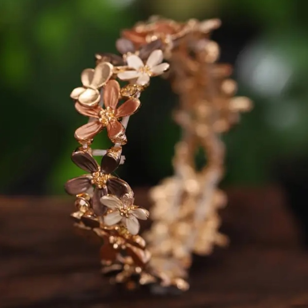 Brown Neutral Flower Crystal Butterfly Gold Toned Stretch Bracelet - Picture 4 of 5